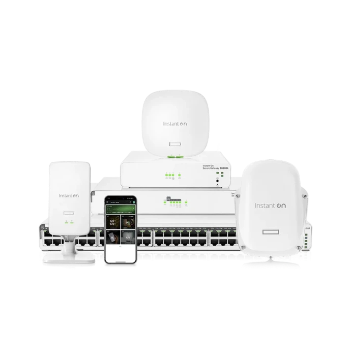 Enterprise wireless network infrastructure including Wi-Fi access points, secure gateway, network switches, and mobile management platform for scalable connectivity