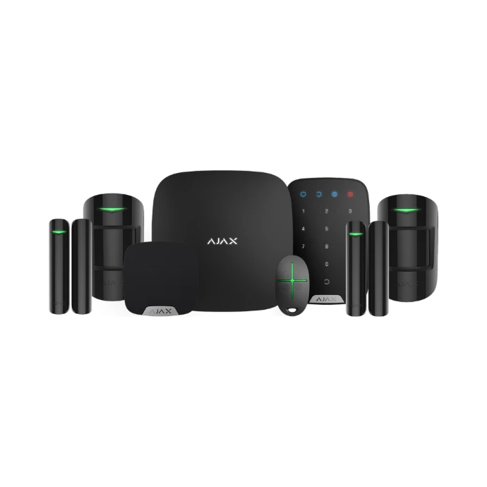 Smart intrusion detection system including security control panel, motion detectors, door sensors, keypad, and remote key fob supporting intelligent building security and alarm monitoring