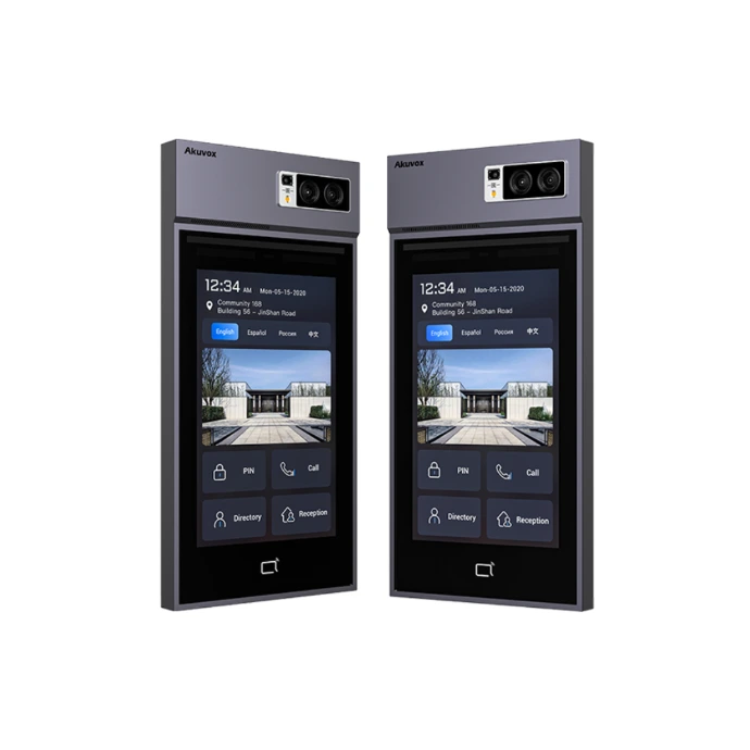 Smart building video intercom terminal with touchscreen interface and integrated camera supporting visitor communication, access control, and building entry management