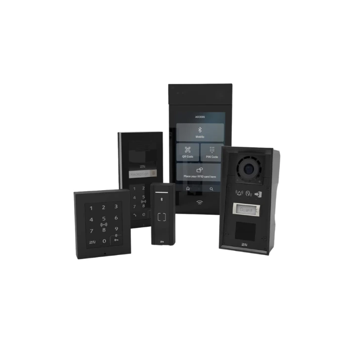 IP video intercom and access communication devices with touchscreen panels, keypad entry systems, and camera modules supporting secure building entry management
