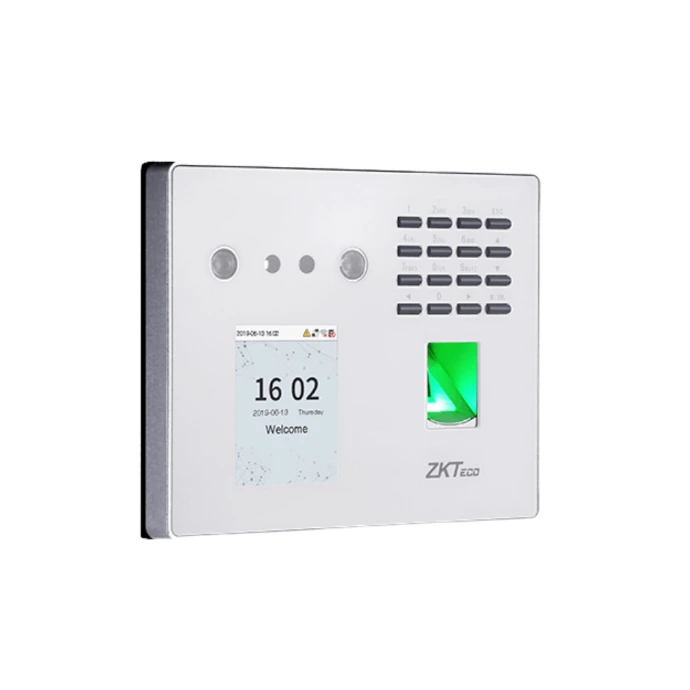 Biometric time attendance and access control terminal with fingerprint authentication, keypad, and digital display supporting secure identity verification and controlled building entry