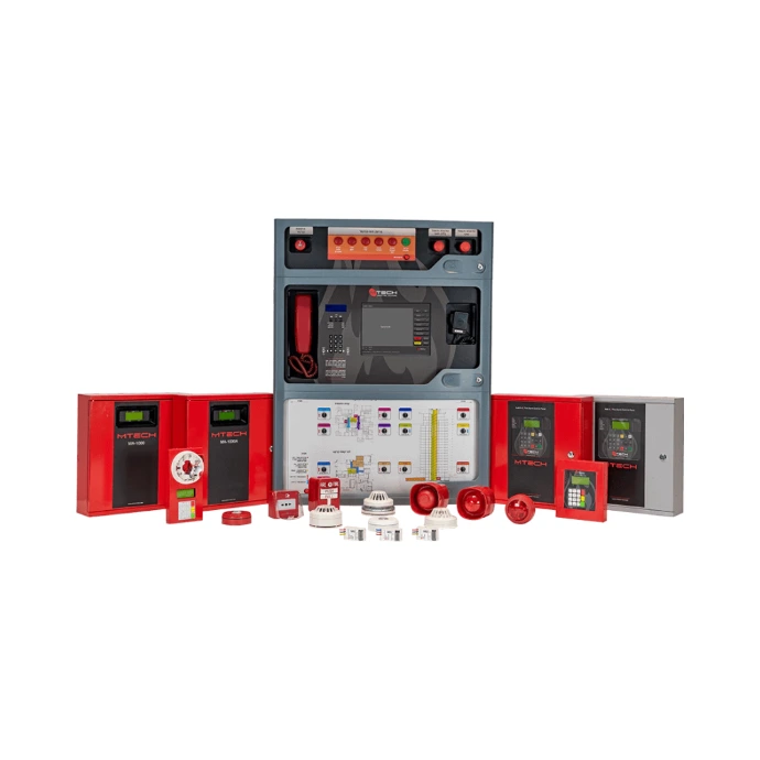 Addressable fire alarm control panel managing fire detection devices, alarm signals, and emergency notification systems in commercial buildings