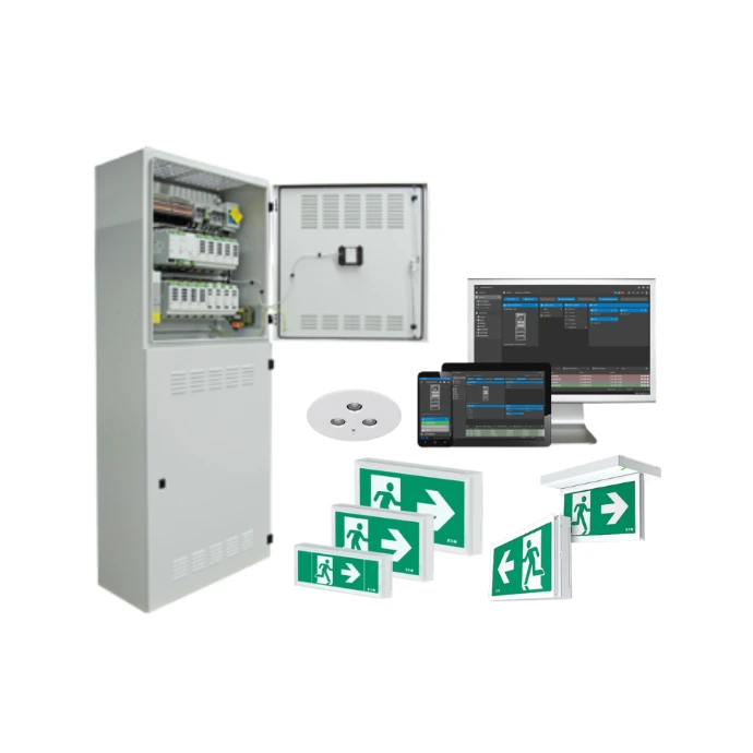 Emergency lighting fixtures and illuminated exit signs guiding occupants to safe evacuation routes during power outages or emergency events