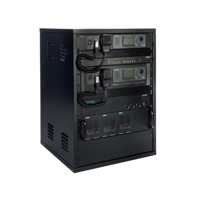 Voice evacuation and public address system equipment used to broadcast emergency instructions and evacuation alerts during fire incidents