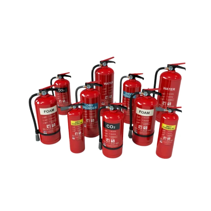 Portable fire extinguishers including water, foam, CO₂, dry powder, and wet chemical units used for first-response fire protection in facilities