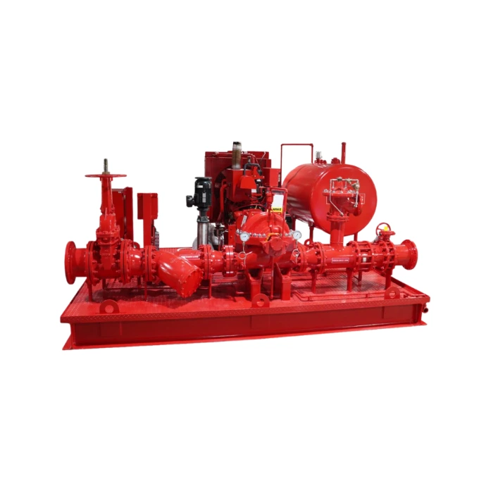 Industrial fire pump system supplying pressurized water to fire sprinkler and suppression systems within commercial and critical infrastructure facilities