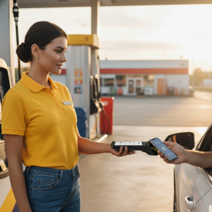 Retail fuel station forecourt with fuel dispensers, canopy lighting, and fueling lanes supporting customer vehicle refueling operations
