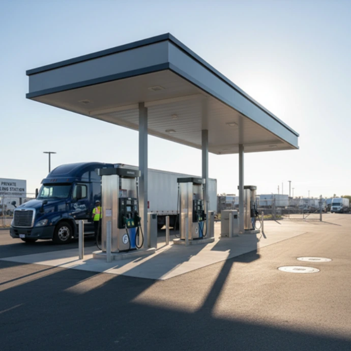 Private fleet fueling station with commercial fuel dispensers supporting company vehicles and transportation fleet operations