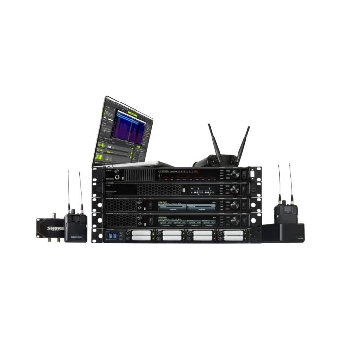 Professional audio system including digital audio processors, amplifiers, wireless microphones, and signal management equipment used for clear sound distribution