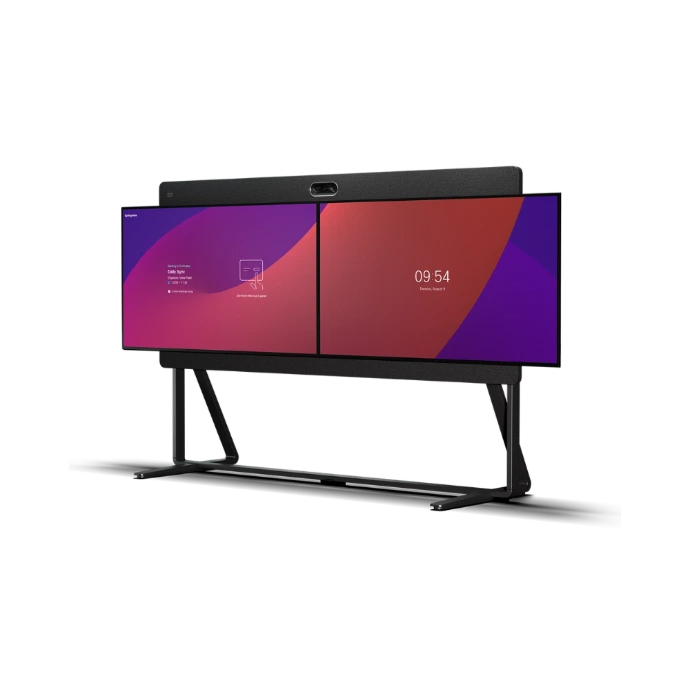 Modern conference room audio visual system with video conferencing display, collaboration platform, and integrated meeting room communication technology