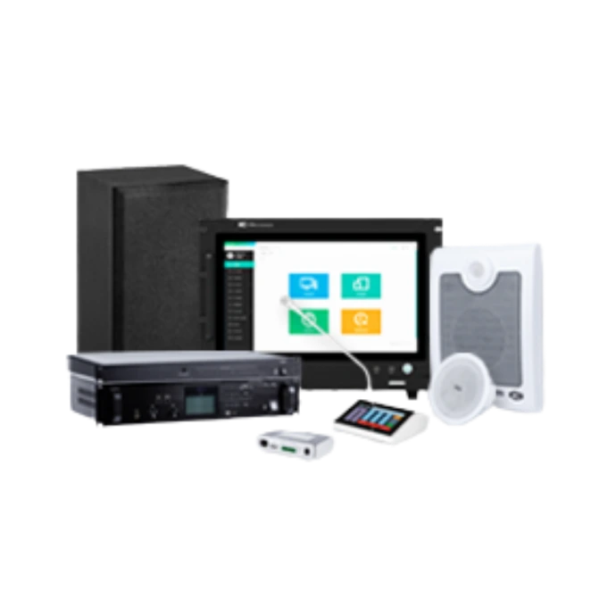 Public address system including amplifiers, speakers, microphones, and audio processors used for announcements and facility communication