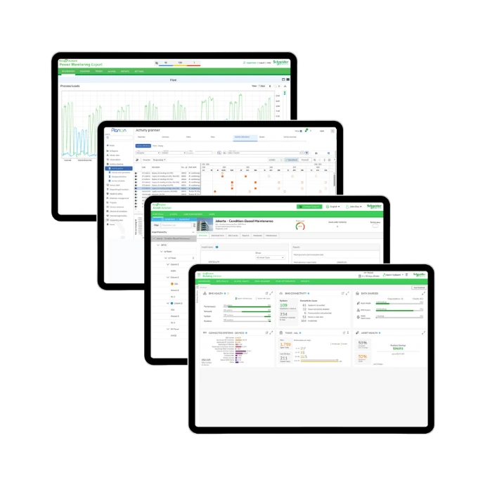 Building management system dashboard monitoring energy consumption, equipment performance, and operational status across building infrastructure systems