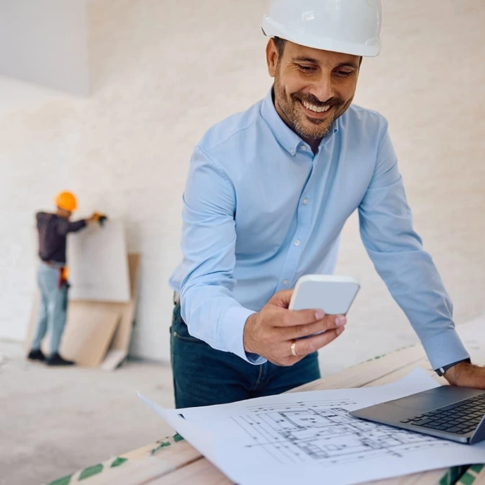 Engineer wearing a safety helmet reviewing architectural drawings and project plans while coordinating with field workers during a technology infrastructure project consultation and planning session